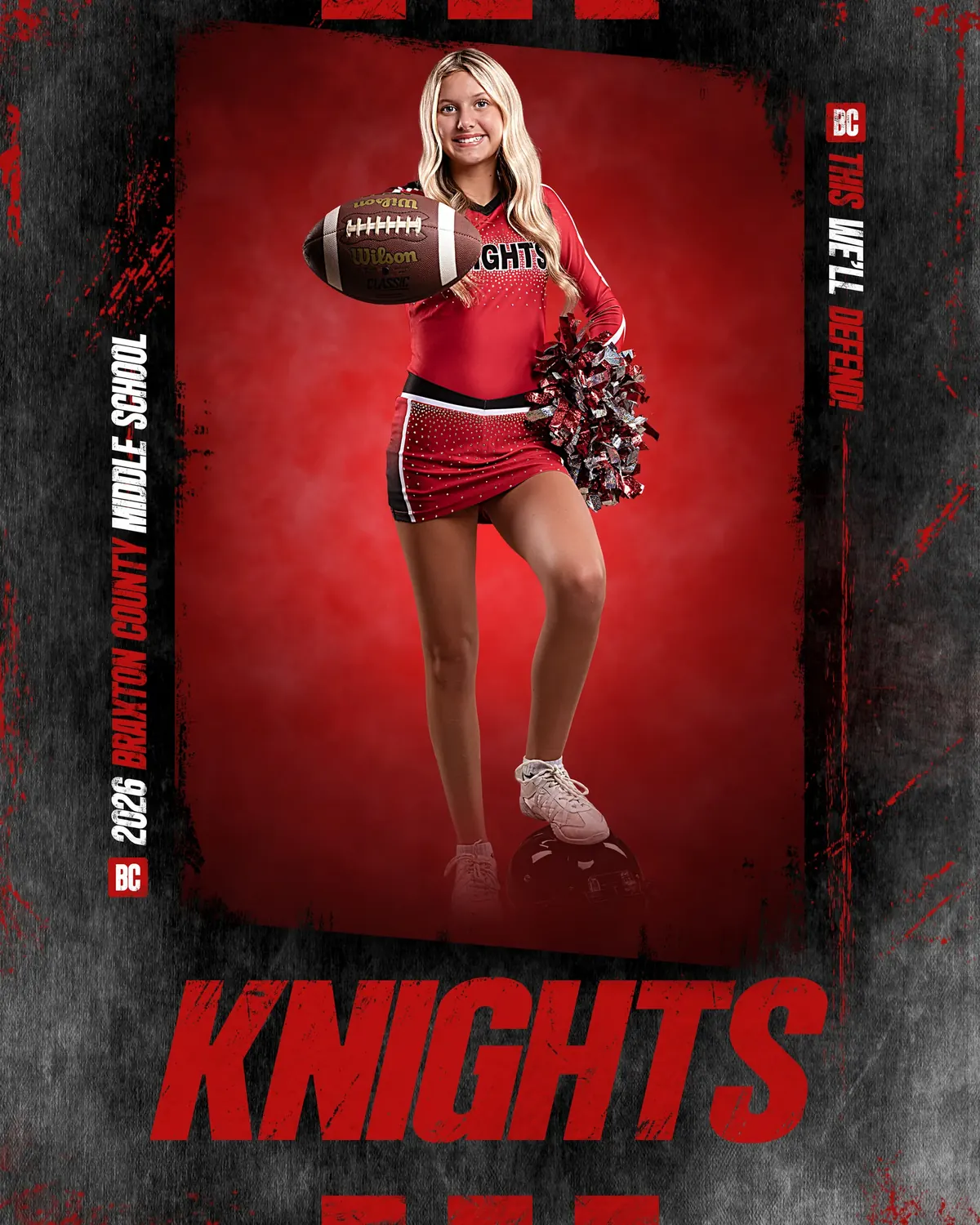 Cheerleader portrait in a red and black sports banner design