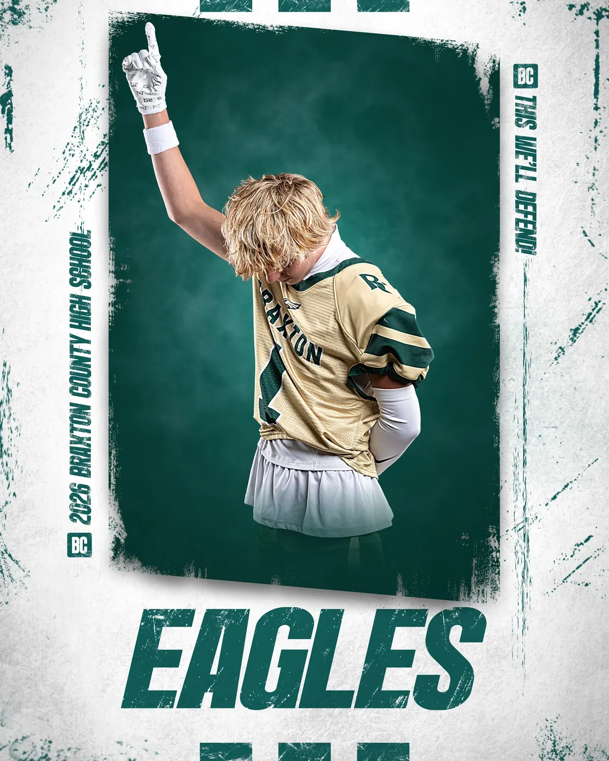 Football player raising one finger in a green and white banner design
